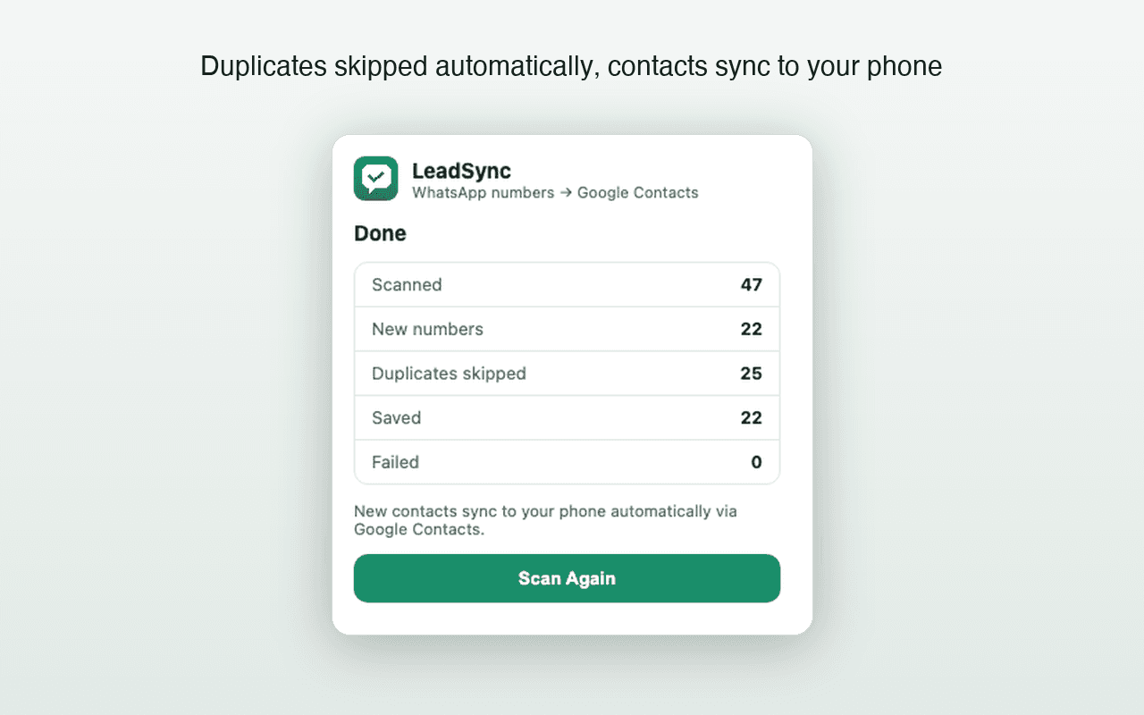 LeadSync results showing new WhatsApp numbers saved to Google Contacts