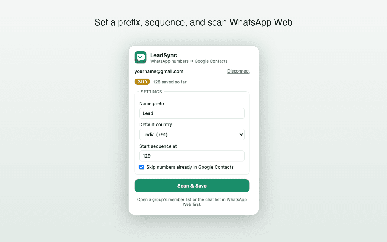 LeadSync scanning a visible WhatsApp Web contact list before a bulk save